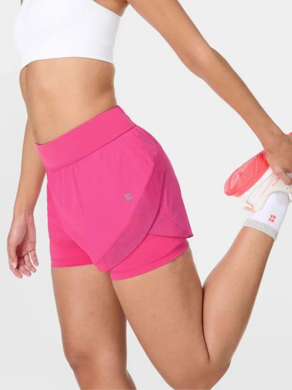 SWEATY BETTY Tempo Run Shorts Womens Large Pink Lined Quick Dry Mesh Pockets